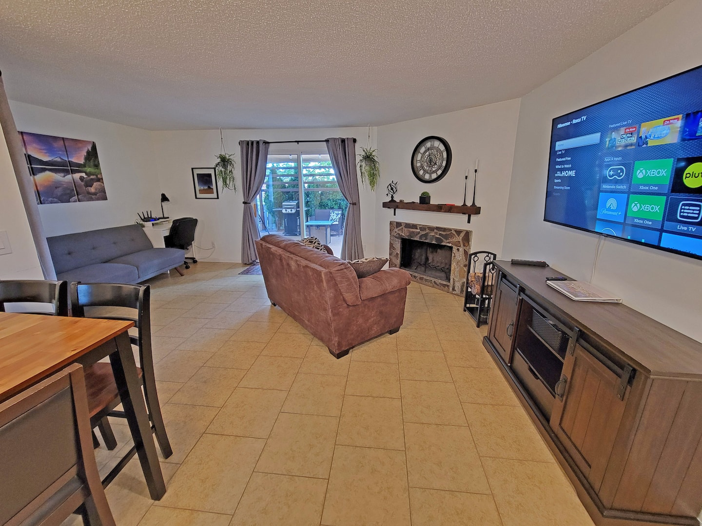 Relax in the inviting living room, where entertainment reigns supreme with a grand 58" HDTV. Enjoy your favorite shows and movies with access to Amazon Prime Video, Disney+, Hulu, and Roku, making every night a cinematic delight!