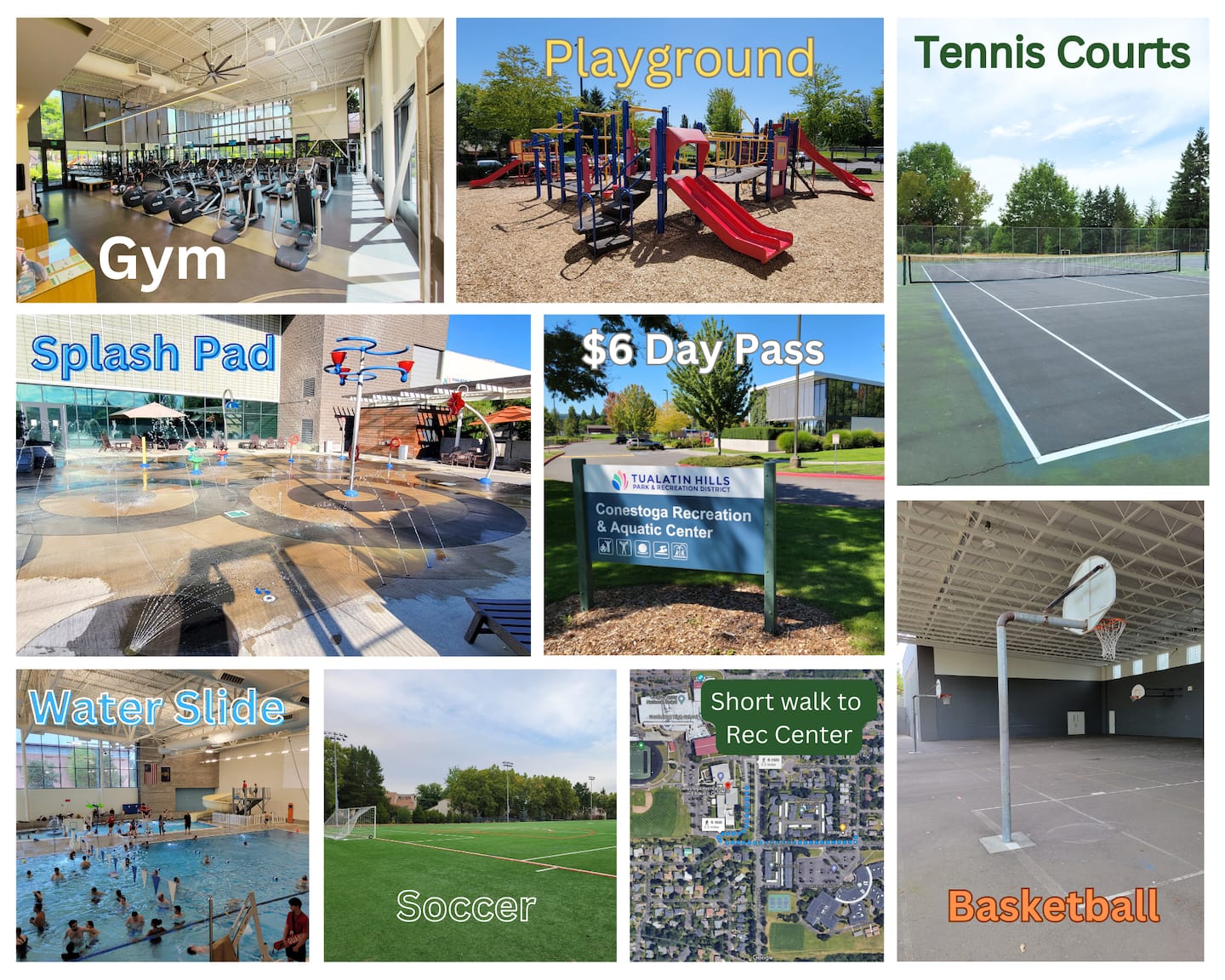 Soccer & Baseball Field, Tennis & Basketball Courts available to the public at the Middle School across the street (ONLY during Non-School hours). 

Visit www.thprd.org to find out what the nearby Rec Center has to offer. Get a Day Pass for only $6!